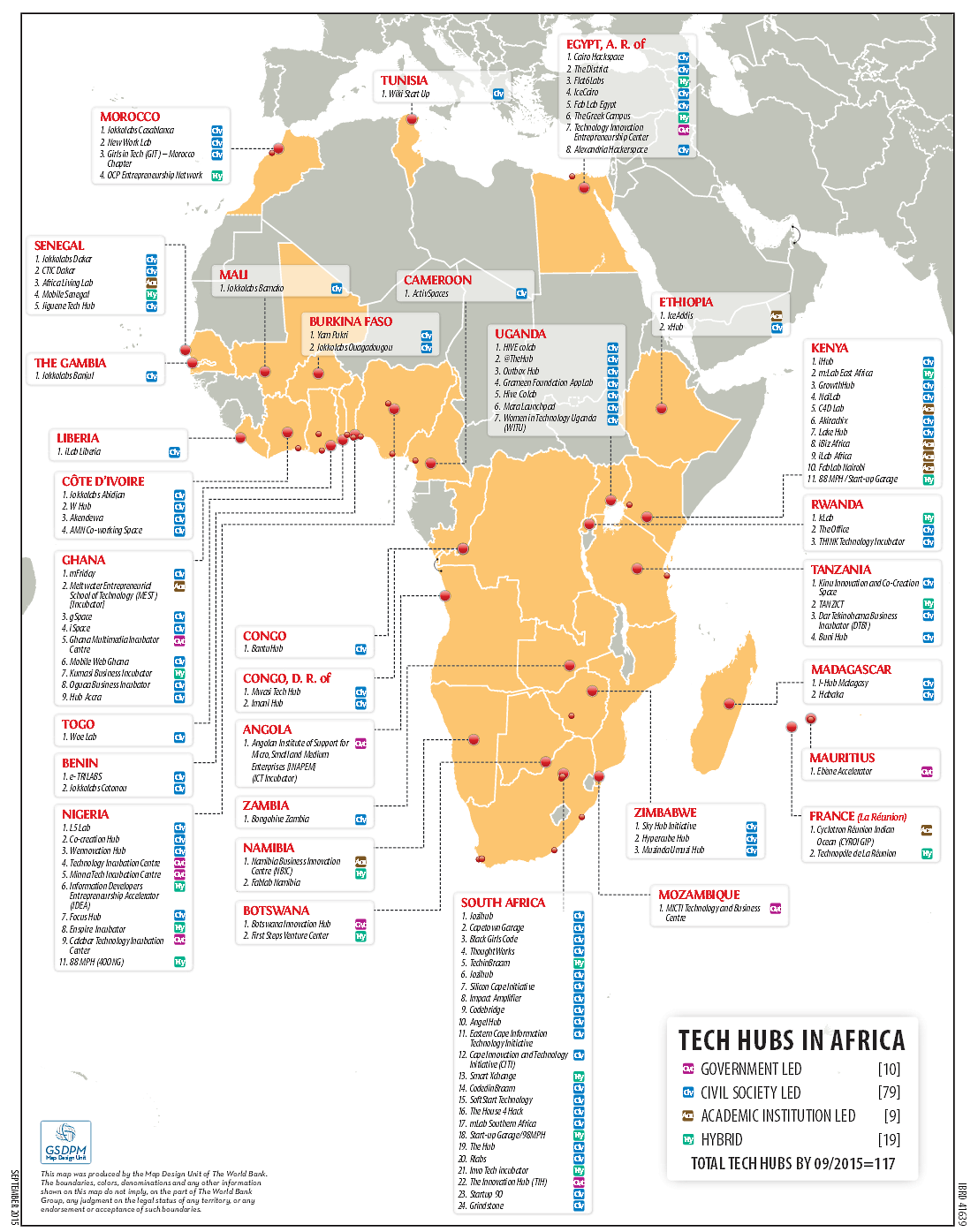 Map of Tech hubs and incubator spaces around Afria. Image: World Bank