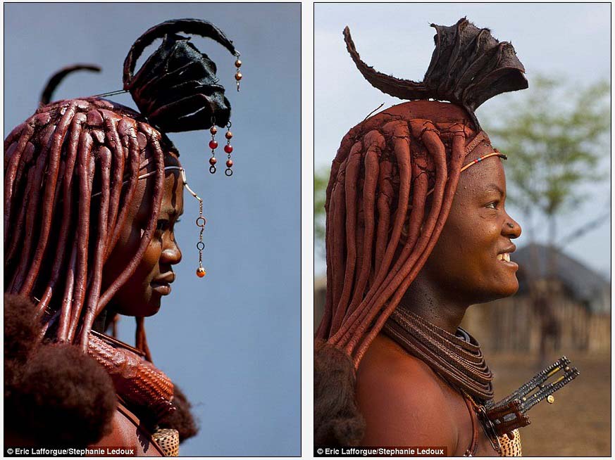 After a year of marriage or following the birth of their first child, Himba women add an elaborate animal skin headdress to their hairstyle