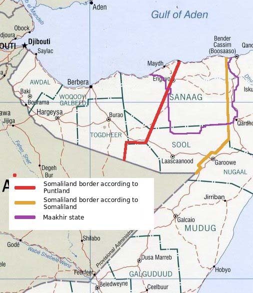 Somaliland border dispute with Puntland. As of 1 July 2007, part of the disputed territory declared the state of Maakhir, which rejoined Puntland in 2009
