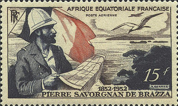  In 1951 French Equatorial Africa issued a stamp to commemorate the 100th anniversary of the birth of Pierre Paul François Camille Savorgnan de Brazza (1852-1905). The map on the stamp shows a portion of the east coast of Africa at the southern part of French Equatorial Africa. De Brazza was instrumental in the establishment of the French colonies on the east coast of Africa.