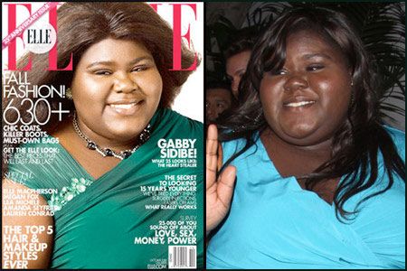 Senegalese/American actress Gabourey Sidibe’s photoshopped Elle magazine cover image (left) compared to her natural skin colour (right).