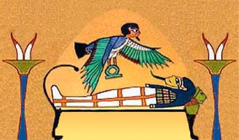 Ba, the human soul, which is depicted as a bird, hovers over his newly mummified master, the body wherein Ba formerly dwelt, now laying on the bier.