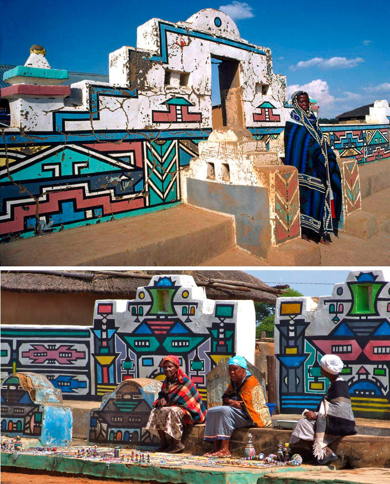 Bright colours and bold patterns adorn the house and clothing of the South African Ndebele tribe. Flickr / (1) (2) FiverLockr